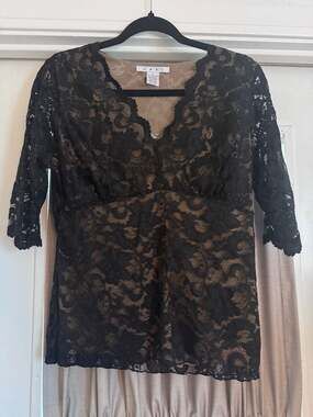 CAbi Black Lace Overlay V-Neck Blouse with Nude Lining